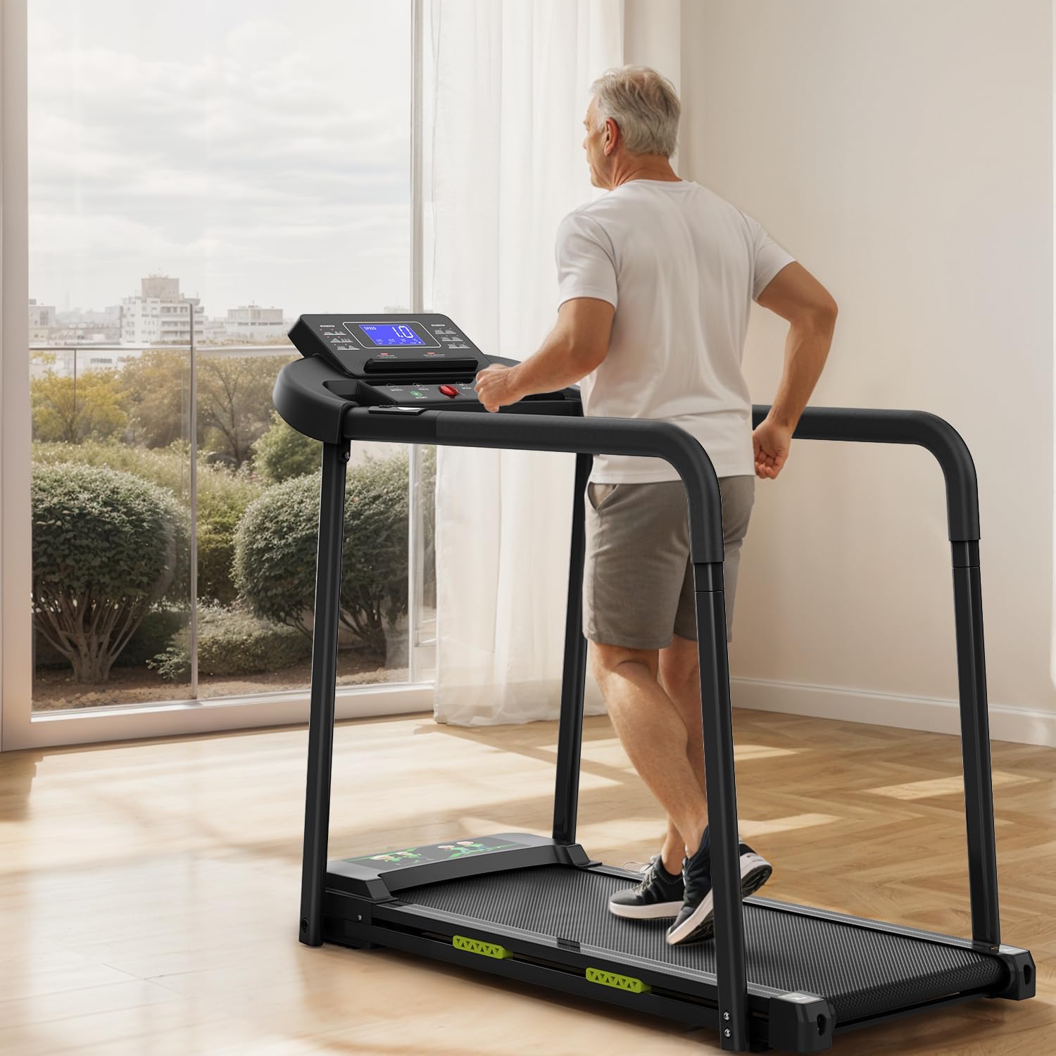 Walking Treadmill with Long Handrail for Balance, Recovery Fitness Exercise Machine Foldable for Home use with Holder for Phone & Cup,LCD Display, 300 lbs Capacity - Image 6