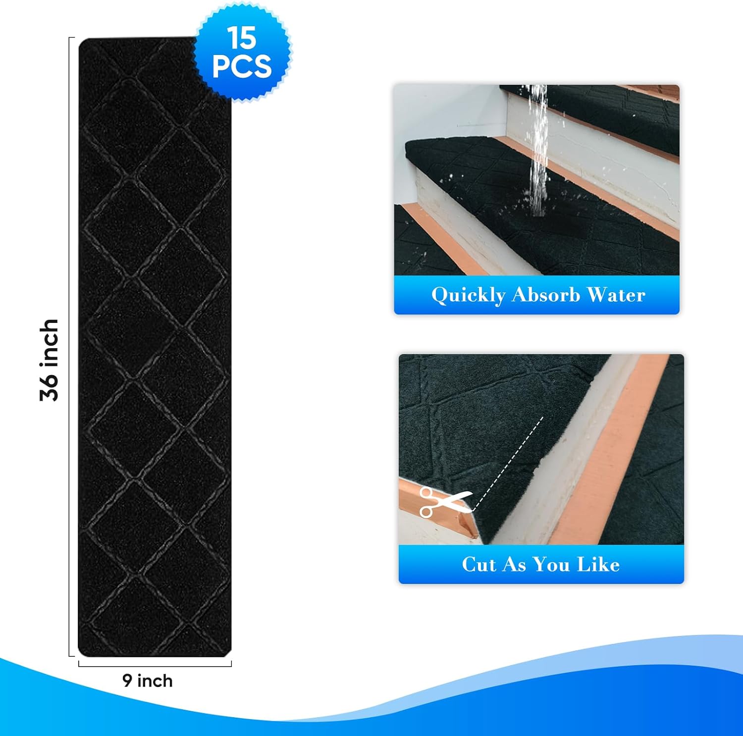 9"X36" Bullnose Stair Treads Carpet Non-Slip for Wooden Steps Indoor, Machine Washable and Reusable with Tape Free Self-Adhesive Back for Pets, Set of 15, Black - Image 5