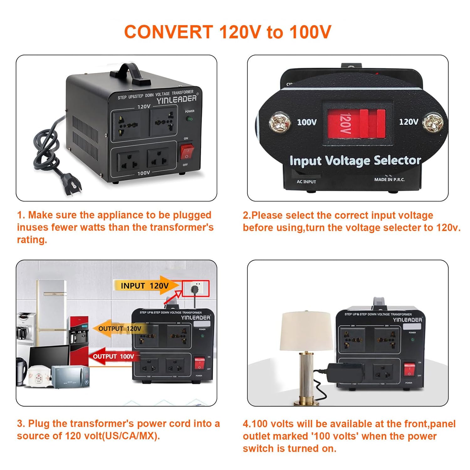 Yinleader 1000W US 120V to 100V JP Japan Voltage Converter Step Down/Up Transformer Ideal for Japanese Turntable/Rice Cooker/Mochi Maker/Player/Cassette Deck/Heater/dehumidifier/Slot Machine, etc. - Image 3