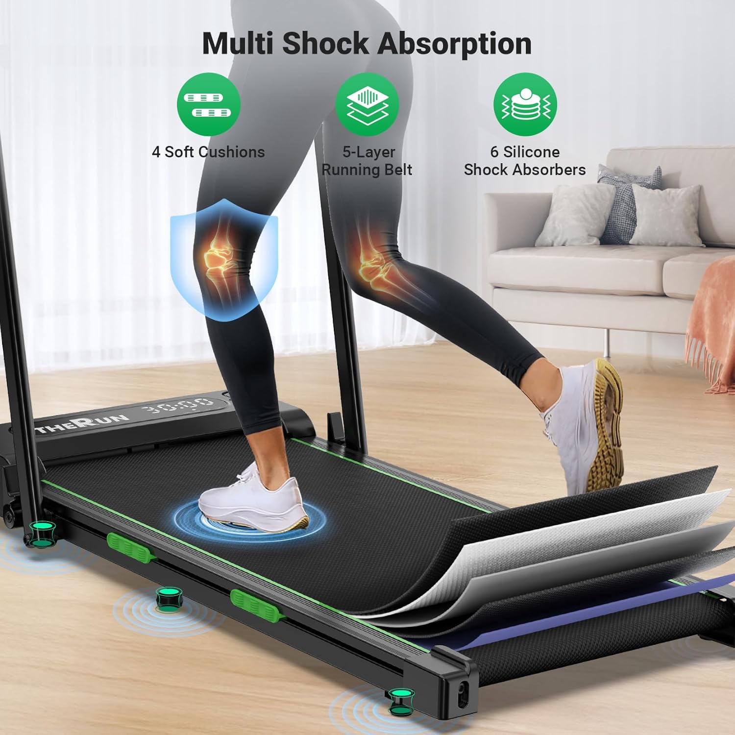 THERUN Walking Pad, 2 in 1 Foldable Treadmills for Home, 2.5HP Under Desk with Handle Bar, 16" Widened Running Belt, with Remote Control & LED Touch Screen - Image 4