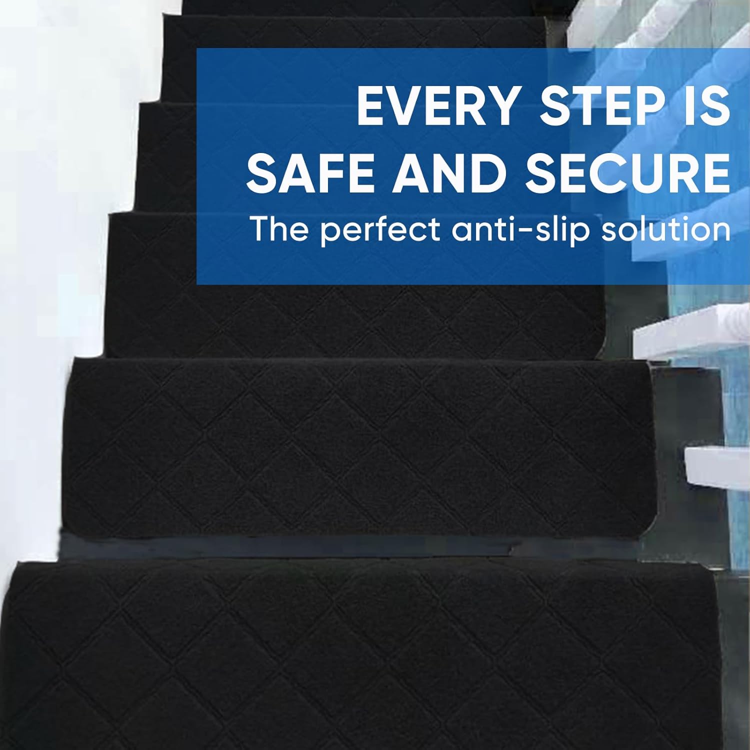 9"X36" Bullnose Stair Treads Carpet Non-Slip for Wooden Steps Indoor, Machine Washable and Reusable with Tape Free Self-Adhesive Back for Pets, Set of 15, Black - Image 7