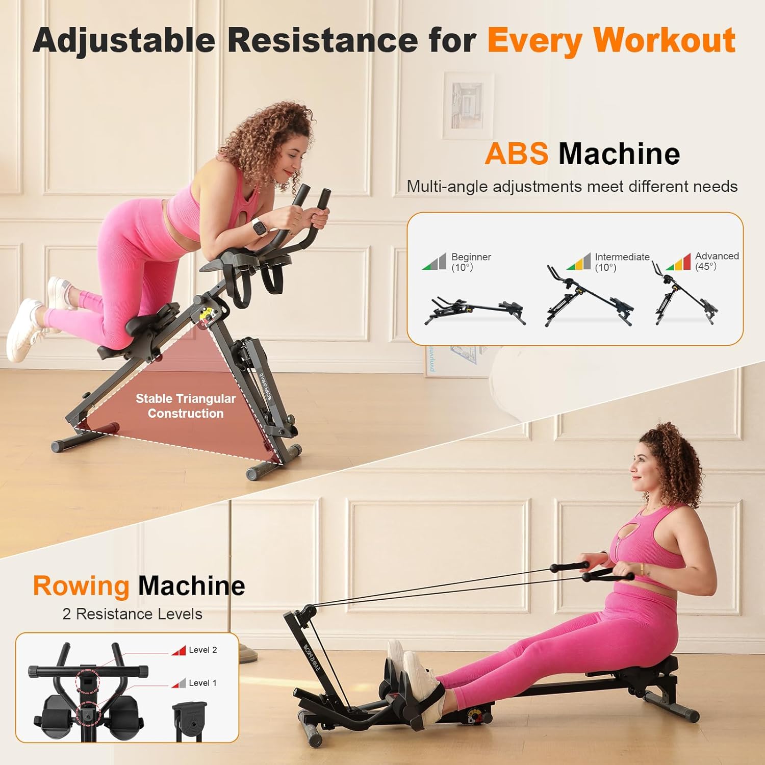 TOUSAINS 3 in 1 Rowing Machine, Ab Machine with Resistance Bands, Abdominal Trainers for Full Body Workout, Fitness Foldable Equipment Rowing Machine for Home Gym - Image 4