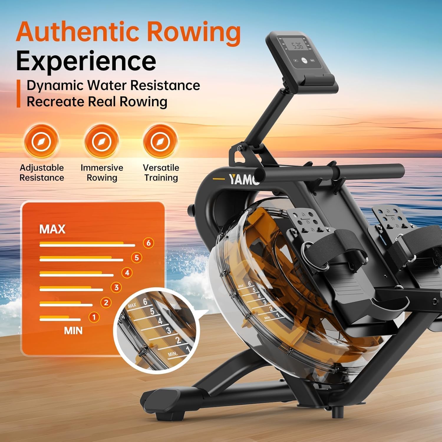 YAMO Water Rowing Machine for Home, Row Machine with 330LB Weight Capacity, Support Bluetooth & Compatible with Apps, Water Row Machine with Comfortable Seat and Tablet Holder - Image 3
