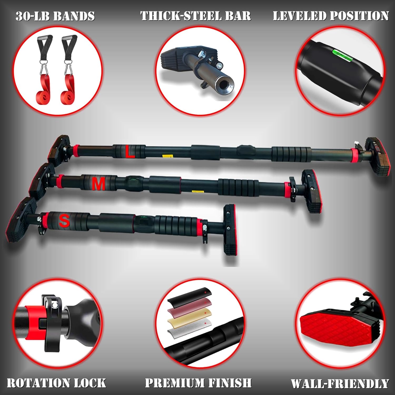 Pull Up Bar for Hallway or Doorway 6-piece Set with Two Attachable Resistance Bands/Handles, Training Manuals, No Screws Chin Up Bar, Max 680lbs, Width options: 27-37", 37-47"; 46-53" - Image 6