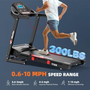 Treadmill with Incline, 300 LBS Capacity, 8 MPH or 10 MPH Speed, Bluetooth, App, Pause Function, Folding Treadmills for Home with 64 Programs, 17” or 18” Wide Belt, Heart Rate, BMI Detector