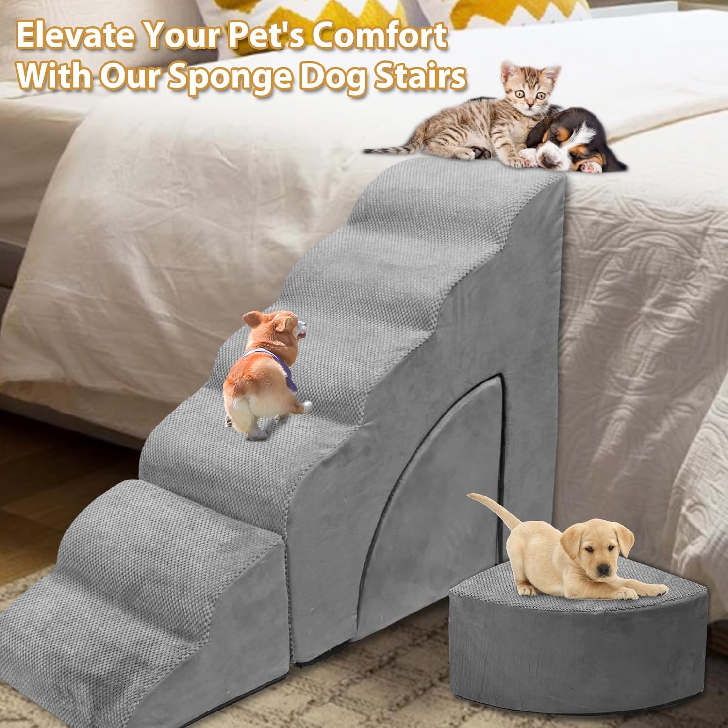 Dog Stairs for High Beds up to 32" H, A.FATI 6 Step Pet Ramp with Machine Washable Cover, Non-Slip Dog Steps for Bed for Small/Medium/Old Dogs, 30D Foam Pet Stairs - Image 3