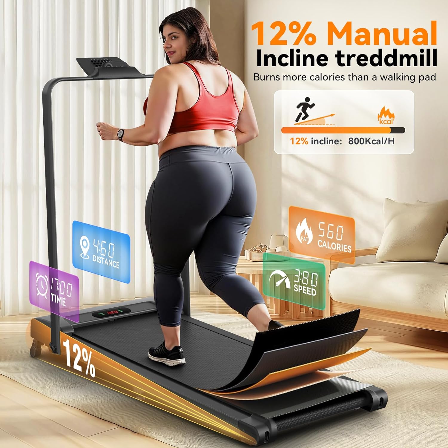 ANCHEER Treadmill with Handle Bar, 3.0 HP Foldable Walking pad with 12% Incline, 320 lbs Capacity-Portable Under Desk Folding Treadmills for Home Small with Widened Belt/Remote Control - Image 2