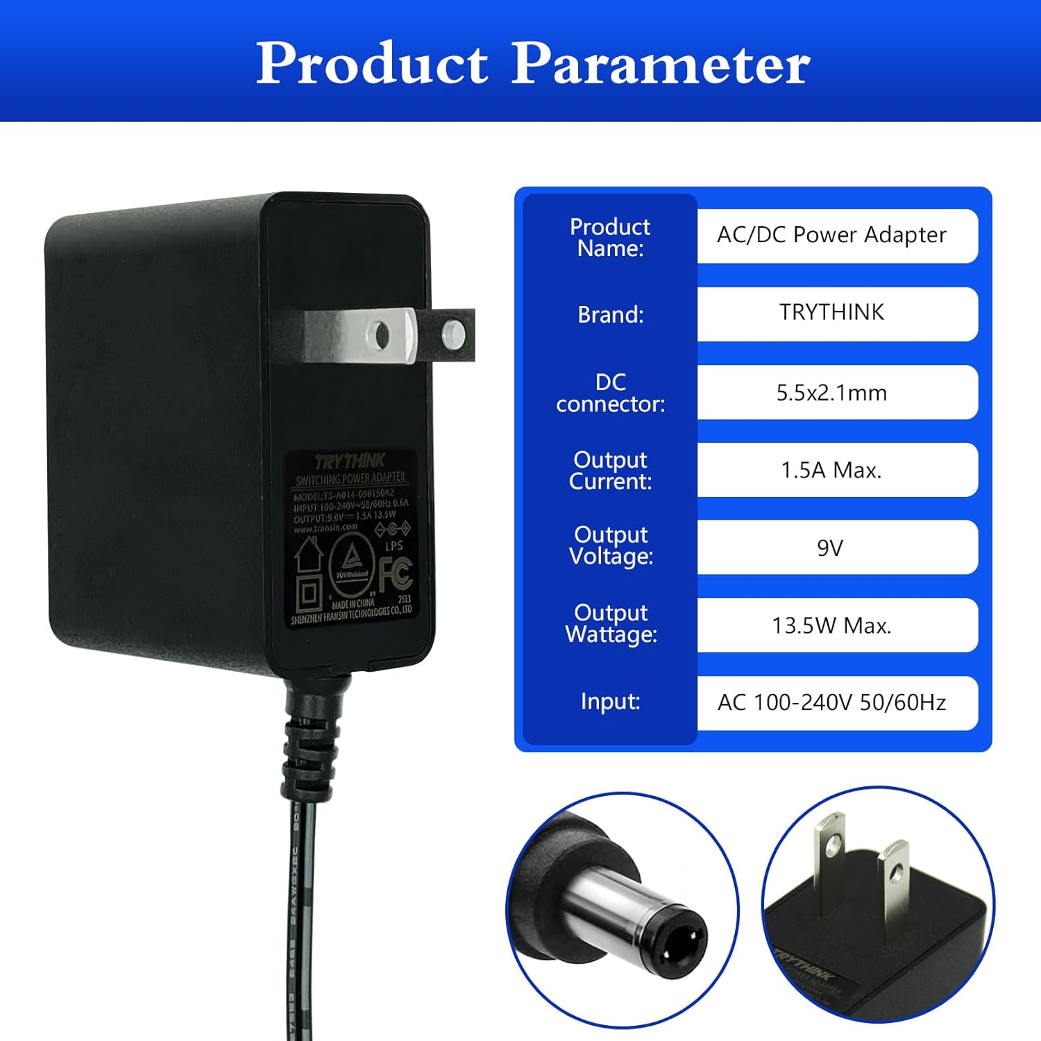 9V Power Supply,9V 1.5A 13.5W Universal 100-240V AC to DC 9Volts 1.5A 1A 0.8A 0.5A 450mA Power Adapter with 9 Plugs for LED Strip Light Camera Router Elliptical Trainer -Center Positive 5.5x2.1mm Plug - Image 8