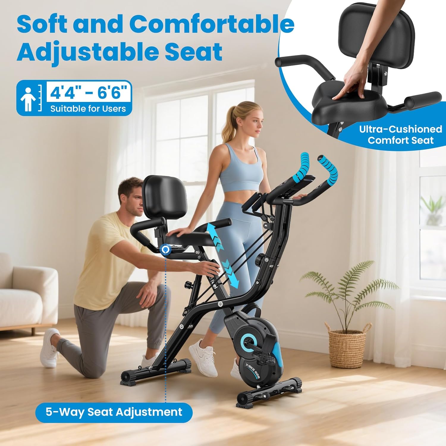 Foldable Exercise Bike, Multifunctional Indoor Stationary Bikes for Home with 8-Level Magnetic Resistance, Quiet Workout Bike with Arm Resistance Bands, LCD Monitor, 300LBS Capacity - Image 4