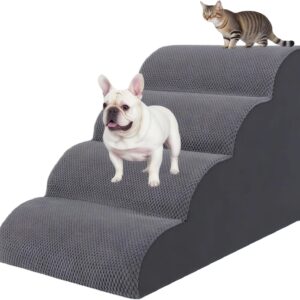 4 Step Pet Stairs Ramp for High Beds Sofas 18-24 Inch with Sturdy Non Slip Waterproof Pads, Machine Washable Cover Indoor Balanced Design for Cats Dogs Small Medium Large XL Pets Grey