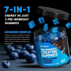 Pre Workout Gummies for Men & Women,Cheweable|Sugar-Free|PreWorkout Energy Gummies with Creatine Monohydrate, Beta-Alanine,Taurine for Strength & Endurance,120 Gummies, Blueberry Flavor