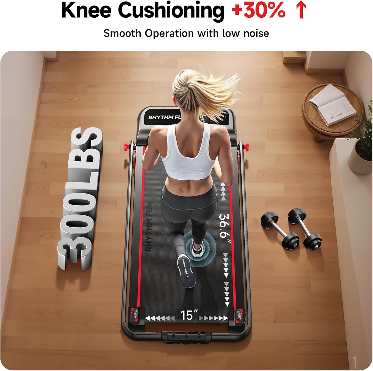RHYTHM FUN Incline Foldable Treadmill, Walking Pad Treadmill with Incline, 300 lbs Portable Treadmills with Handles for Home Office Use, Under Desk Compact Walking Pad - Image 6
