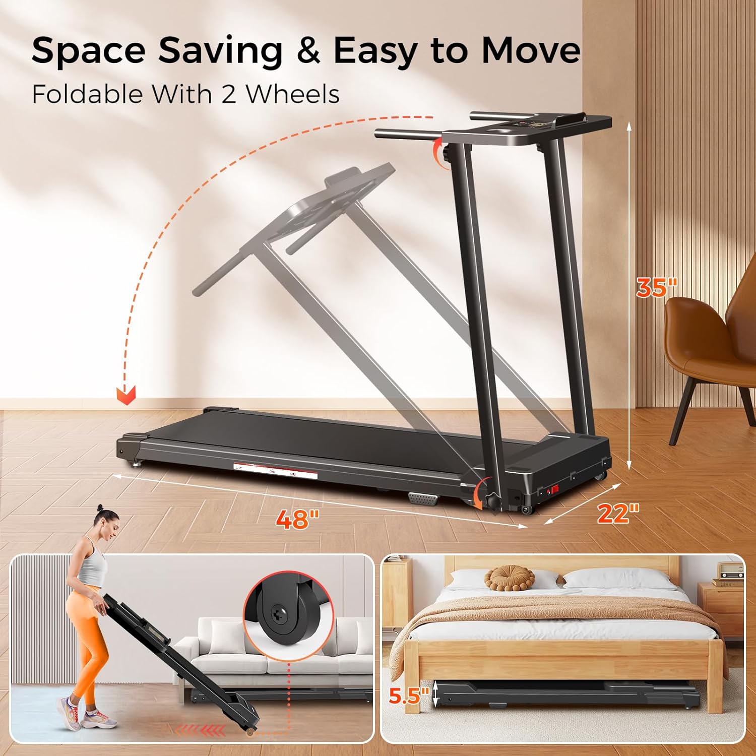 Treadmill with Handles, Portable Small Treadmills for Home and Office, 3.0HP Folding Walking Pad with 300 lbs Capacity, Cup Holder, LED Display and 12 Preset Programs - Image 5