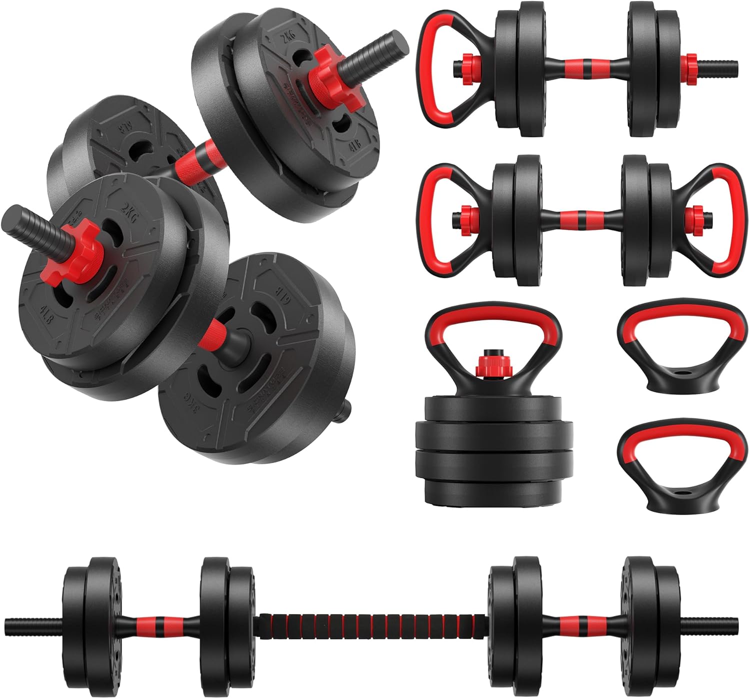 Multi-Functional Portable Changeable Dumbbell and Barbell Kettlebell Set with Adjustable Weights, 40LBS or 60LBS Sets, Multiple Styles