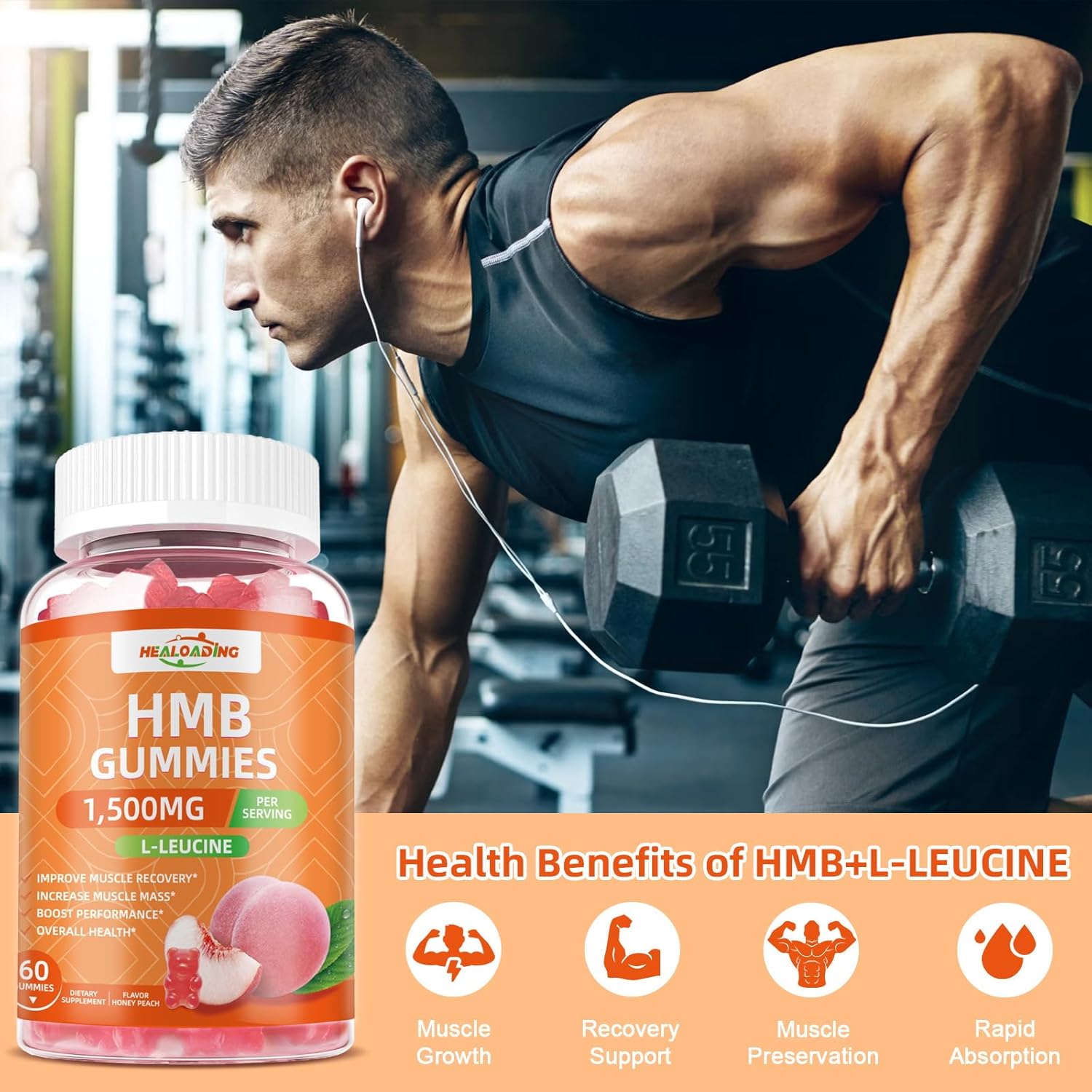 HMB and Leucine Gummies Supplement: HMB Supplements for Men 1500mg and Leucine Amino Acid for Muscle Recovery Increase Muscle Mass Improve Endurance Non-GMO Sugar Free Peach 60 Gummies - Image 5