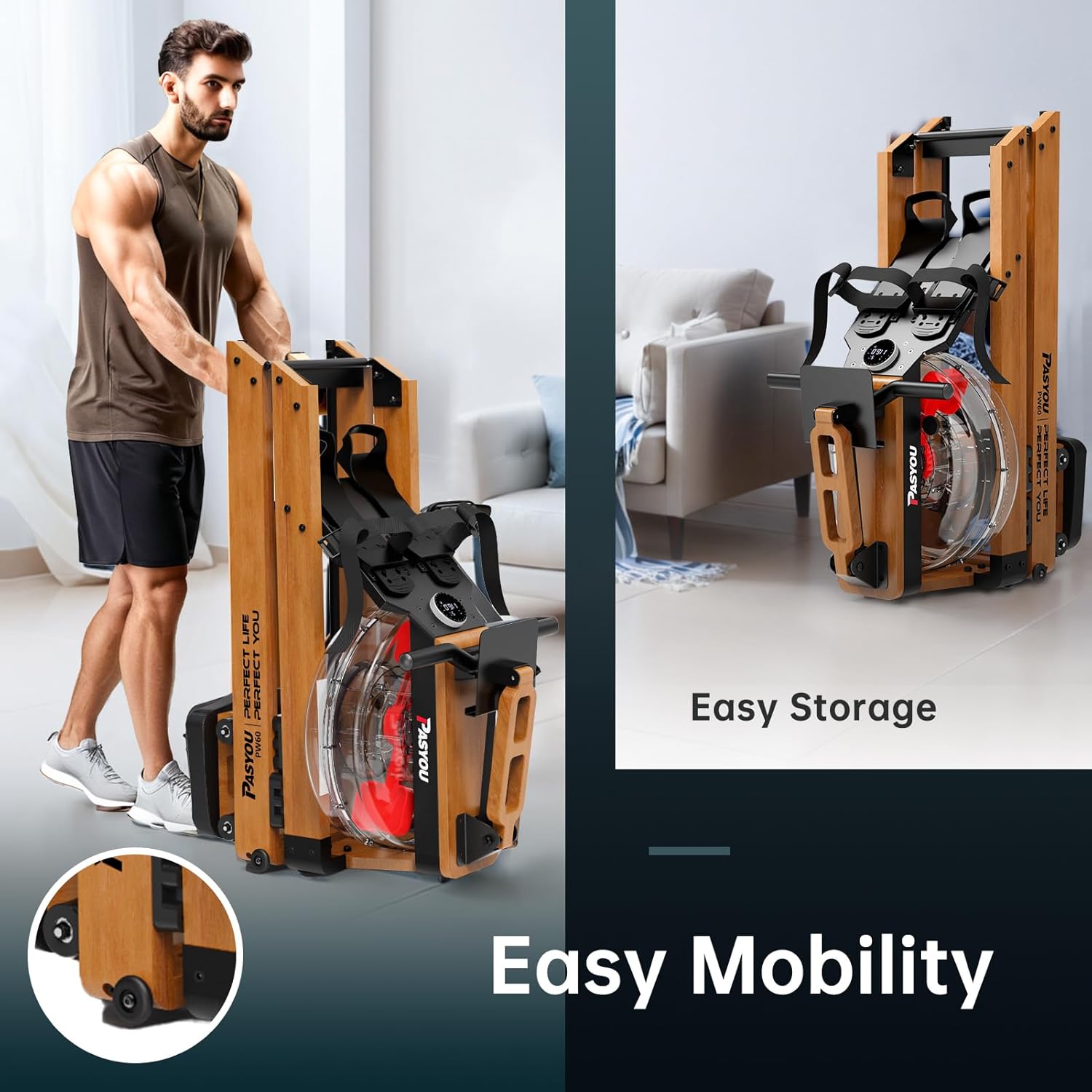 PASYOU Water Rowing Machines for Home Oak Wood Foldable Rower Machine 350LB Weight Capacity, 6 Levels Adjustable Row Machines with Monitor & Device Holder & 14L Tank, Bluetooth with Kinomap APP - Image 8