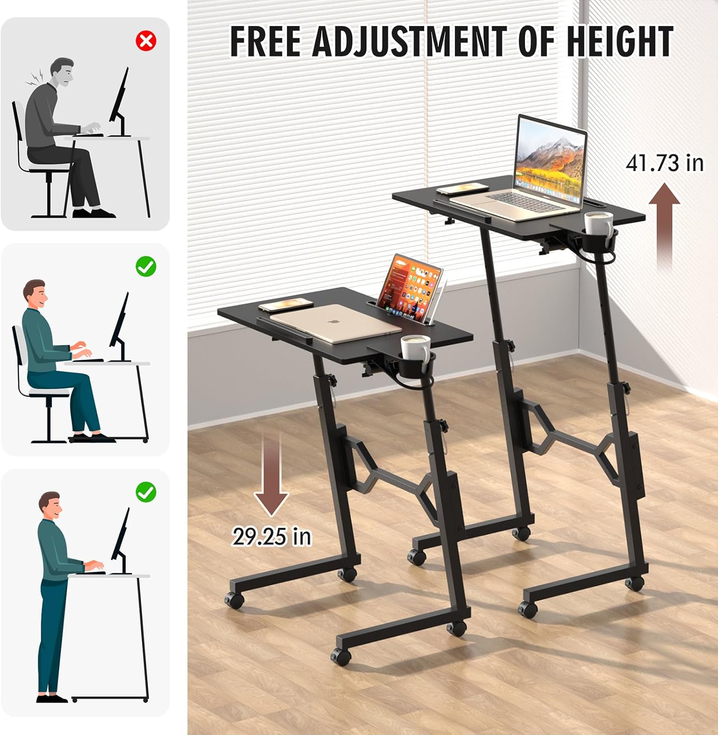 Small Standing Desk with Wheels, Portable Treadmill Desk, Rolling Desk Adjustable Height for Laptop, Mobile Standing Table for Walking Pad, Bedside Table - Image 5