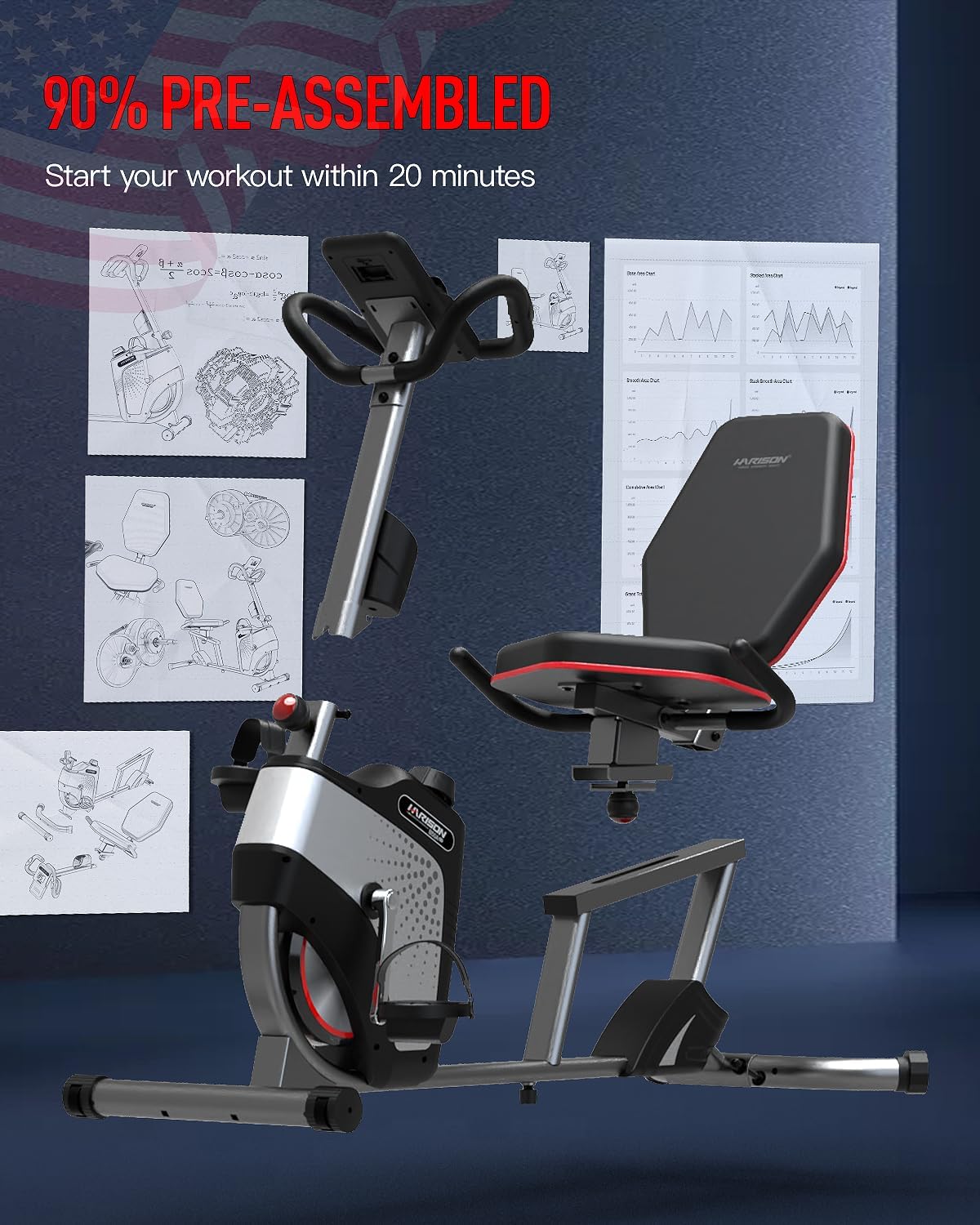HARISON Pro Recumbent Exercise Bike 400 lbs Capacity, Magnetic Recumbent bike for Adult and Seniors, Recumbent Stationary bike for Home with Smart Bluetooth App, 2 in 1 LCD Monitor and Tablet Holder - Image 4
