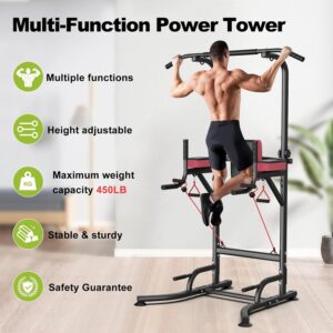 Dskeuzeew Pull Up Bar Free Standing for Garage Multi-Function Home Gym Strength, 450LBS Pull Up Dip Station Assistive Trainer Height Adjustable with Elastic Ropes, Power Tower Training Heavy-Duty Fitness Equipment