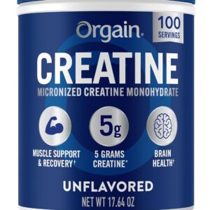 Orgain Creatine Monohydrate Micronized Powder, Unflavored, Supports Muscle Growth, Post Workout Recovery and Brain Health, No Artificial Additives, for Men & Women, Vegan, 100 Servings