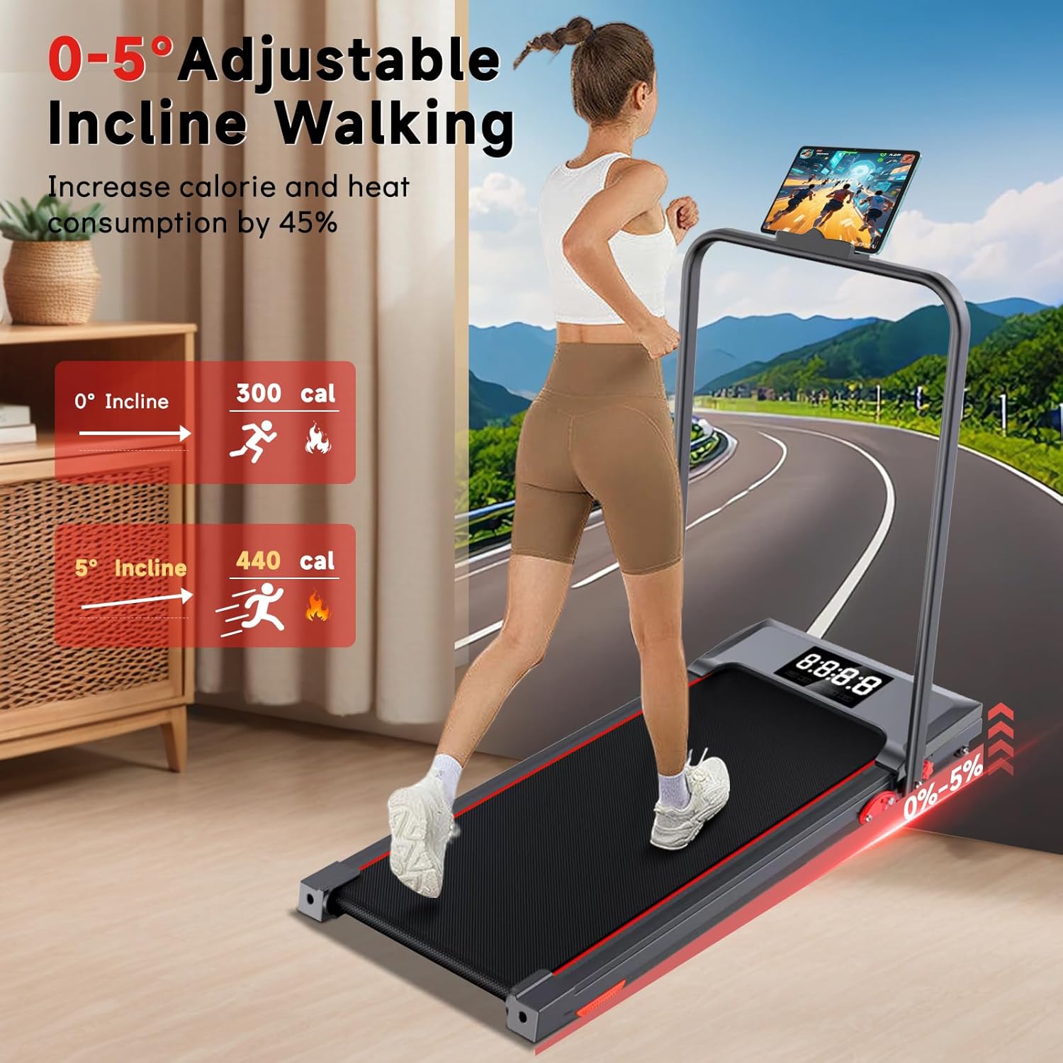 Walking Pad Treadmill with Incline and Handle Bar, 7.5MPH Under Desk Treadmill for Home Office, 360 Lbs Capacity Portable Treadmills with Remote Control, Led Display - Image 2