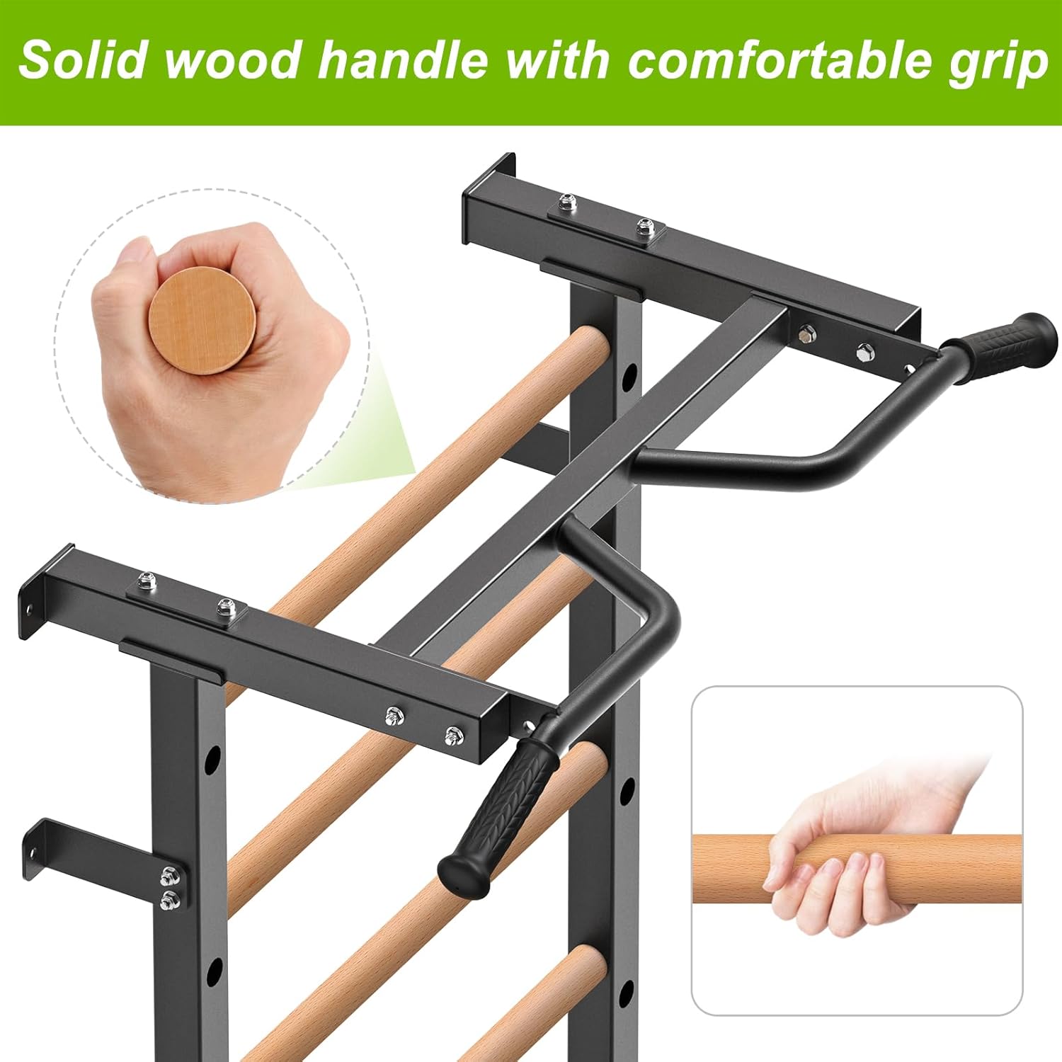 Kipika Gymnastic Stall Bar - 2"x2" Swedish Ladder with 1" Hole, Wall Mounted Pull-up Bar Ladder Suspension Trainer, Solid Wood Grips Gymnastics Training Bar for Home, Wall Gym, School - Image 5