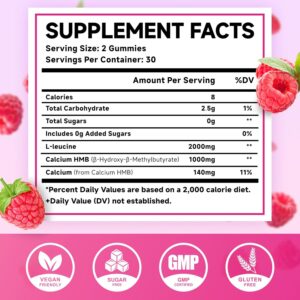 2 Pack HMB and L-Leucine Gummies, 3000mg HMB and Leucine Amino Acid for Muscle Growth, Muscle Mass, Muscle Relief, and Fast Workout Recovery, for Men & Women, Sugar-Free, Raspberry Flavor, 120 Count