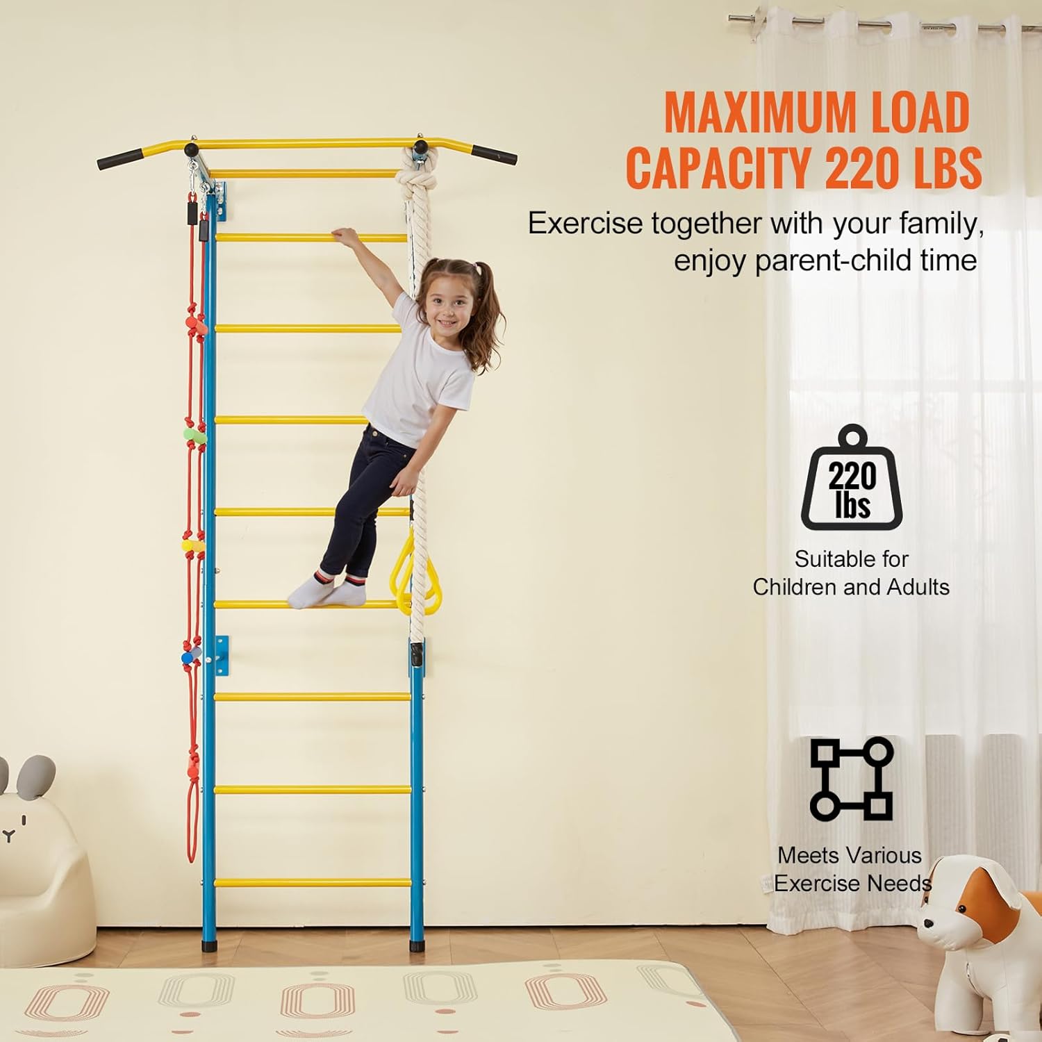 VEVOR Indoor Jungle Gym for Toddlers, 5-in-1 Climbing Playset with Carbon Steel Swedish Ladder, Wall Ladder, Pull-Up Bar, Rope Ladder, and Gymnastic Rings, Supports 220 lbs, Multicolor - Image 5