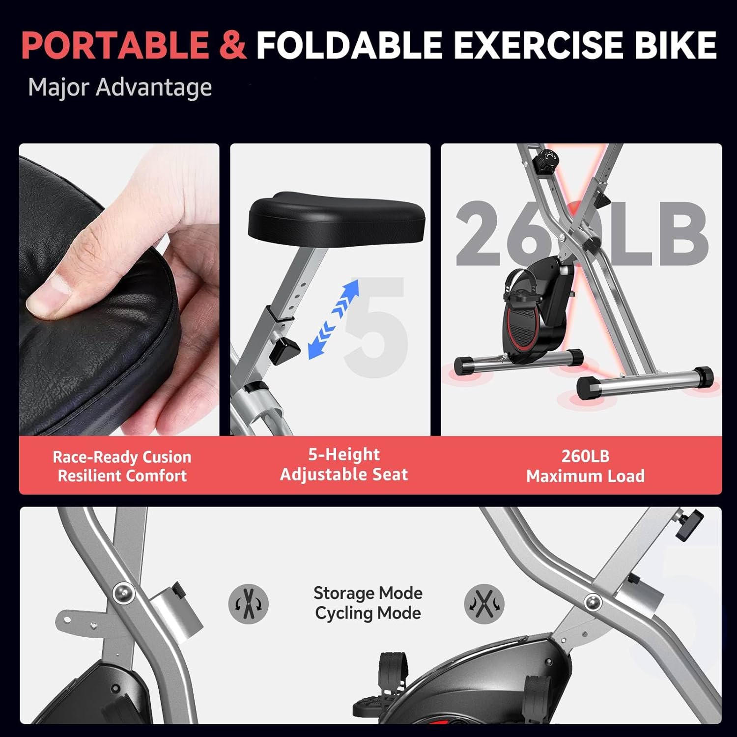 Indoor Exercise Bike Stationary Bikes for Home, Lightweight Foldable Cycling Bike with 70% Pre-Assembled, 260LBS Capacity, 5.5 LBS Flywheel for Quiet Home Workout - Image 4
