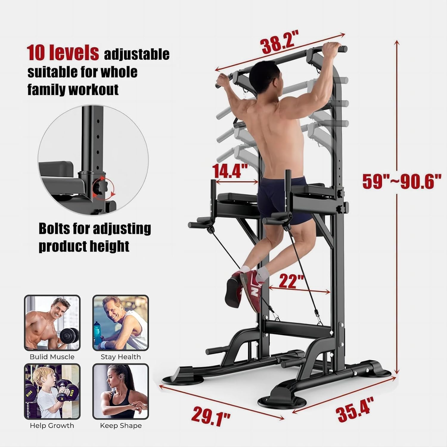 Power Tower Pull Up Bar for Home Gym, Multi Functional Pull Up Bar Stand Dip Bar Station, Adjustable Height Workout Dip Station Strength Training Fitness Equipment - Image 7