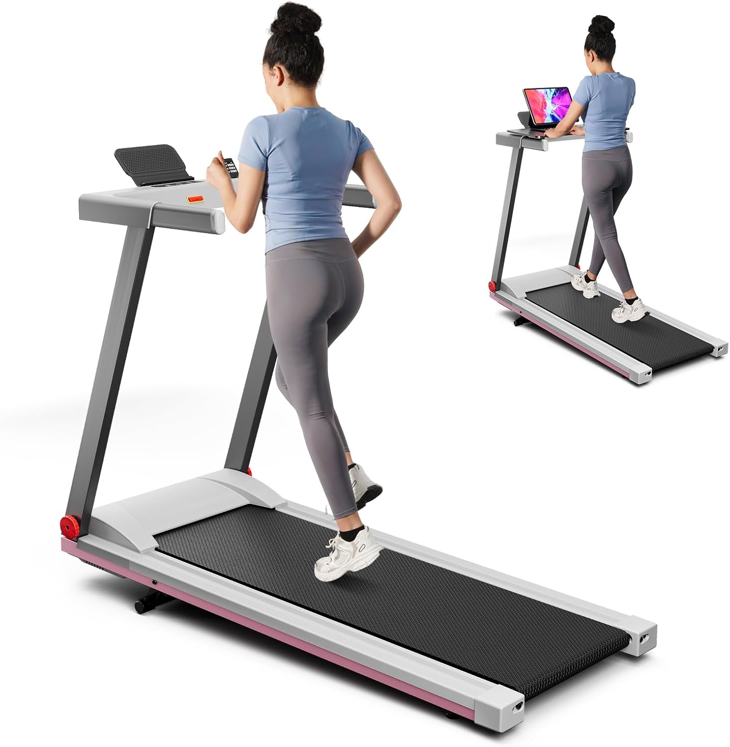 Treadmill with 5% Incline, 300lbs Capacity Folding 3 HP Small Treadmills for Home Portable Running Treadmill with Handles Quiet Brushless Dual Cushion System, Electric Compact Treadmil
