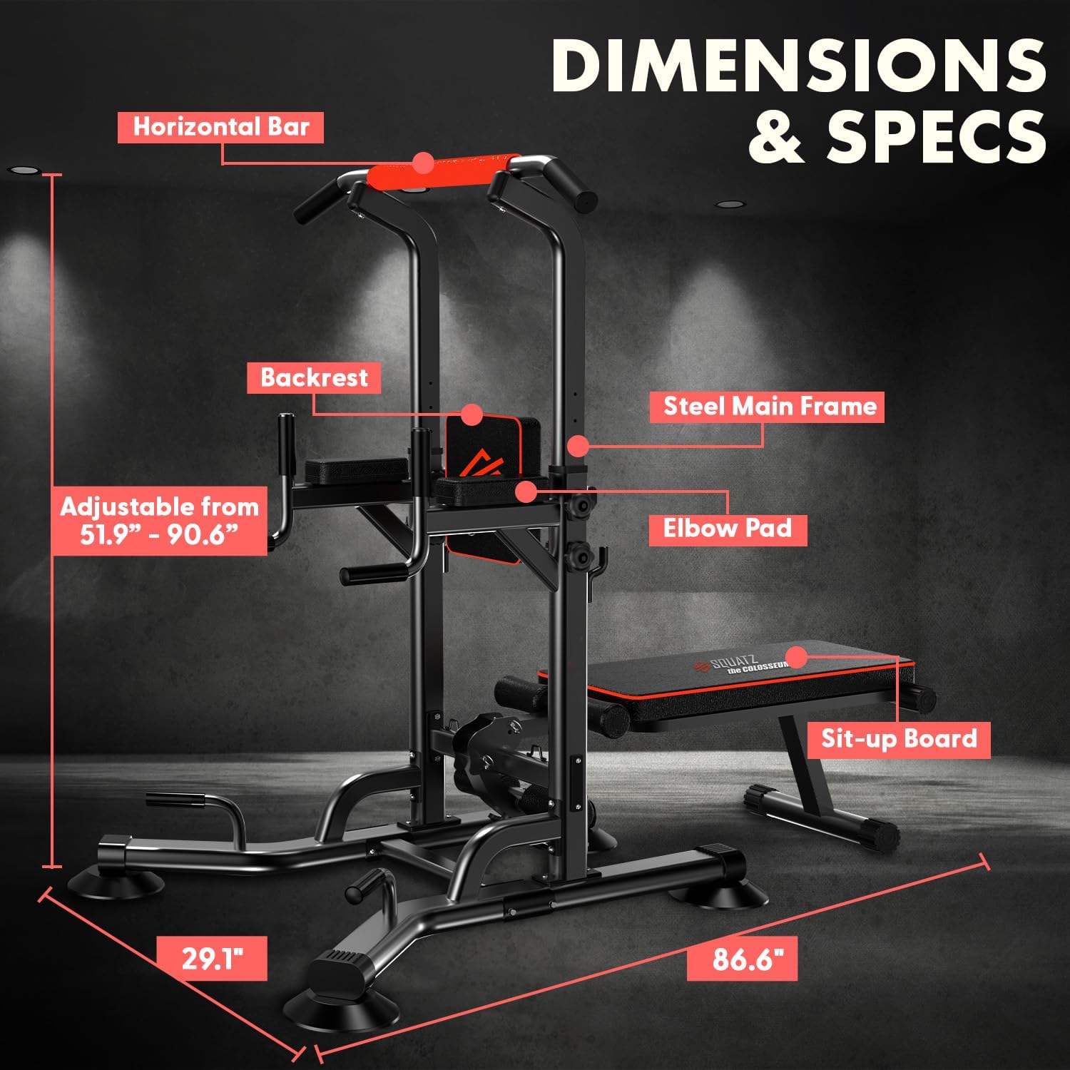 SQUATZ Pull-Up Workout Station with Bench - Multifunctional Gym Equipment Setup w/Pulling Bar, Sit-Up Board, Backrest, Elbow Pad, & Steel Main Frame, Great for Home Exercise and Weight Training - Image 6