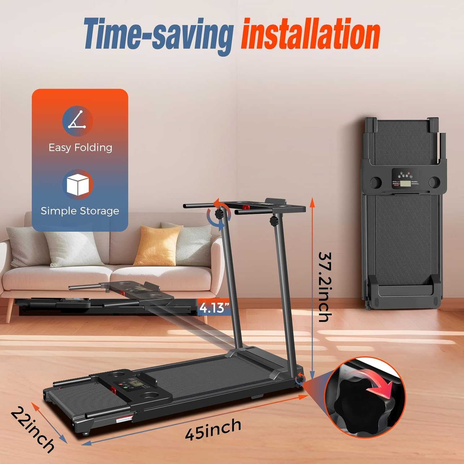 Treadmill with Handles, Portable Small Treadmills for Home and Office, 3.0HP Folding Walking Pad with 300 lbs Capacity, Cup Holder, LED Display and 12 Preset Programs - Image 8