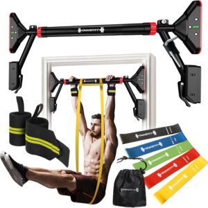 Pull Up Bar for Doorway with Resistance Bands & Wrist Wraps, Adjustable Chin Up Bar for Upper Body Workouts, 29.9″ – 35.5″ Locking Mechanism, No Screw Installation, Supports 880 lbs