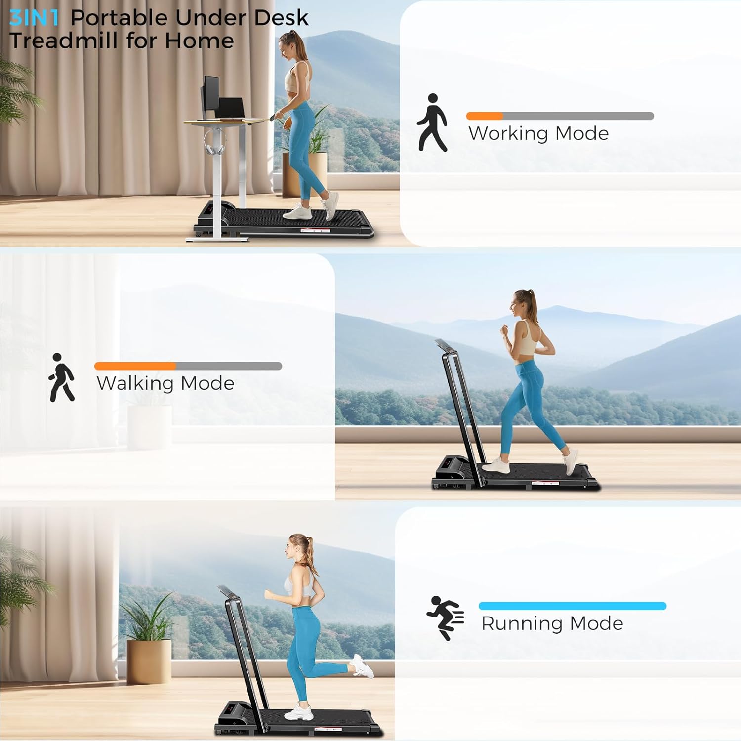 Walking Pad with Handle Bar, 3 in 1 Under Desk Treadmills with Remote Control, Electric Compact Treadmill,2.5HP Treadmills for Home Small Space, Portable Treadmill with Handle, 300 LBS Capacity - Image 5