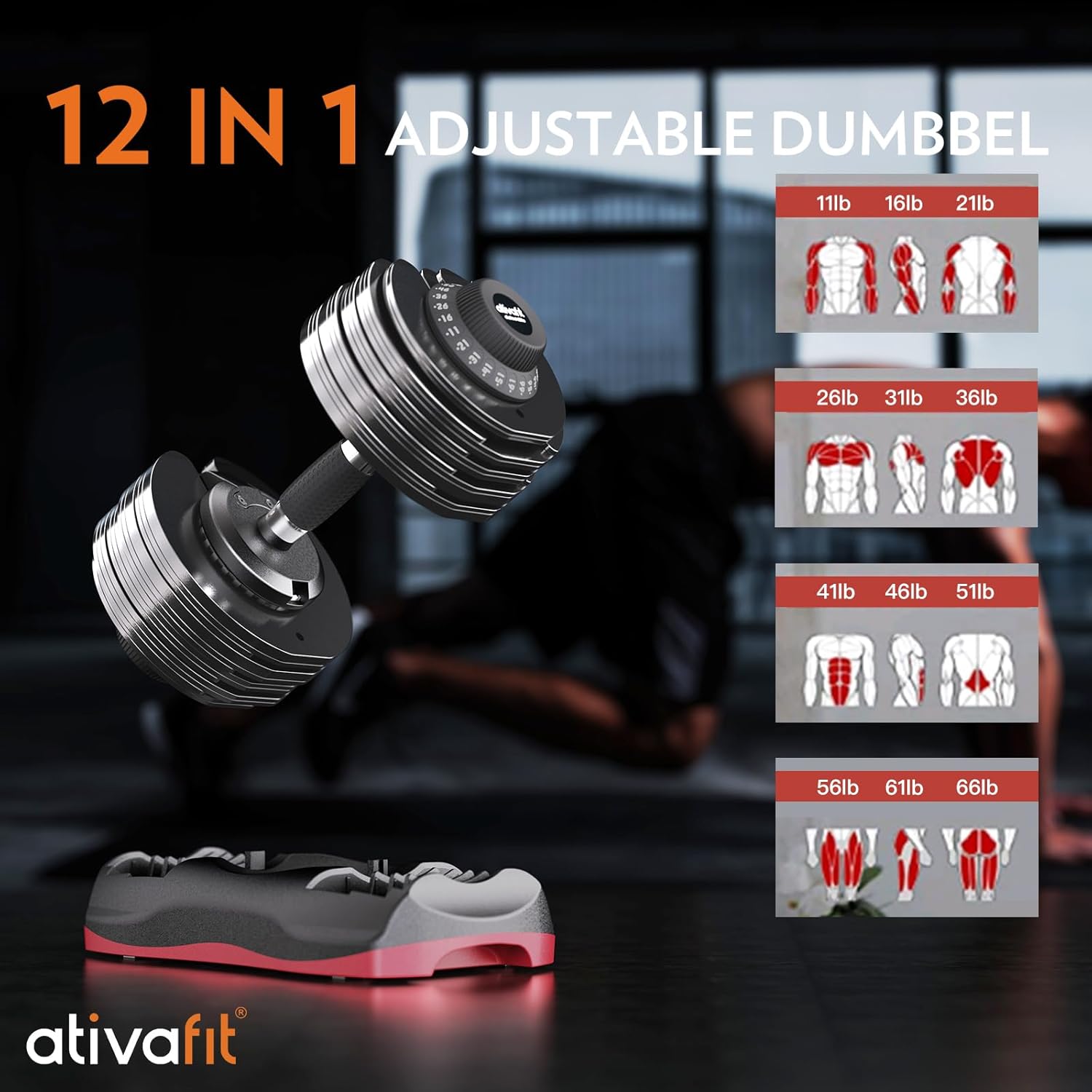 Ativafit 27.5/66/88LBS Pair Adjustable Dumbbell Set with Anti-slip Handle 12 In 1 Quick Dial Adjustment Weights With Safety Locking Button Space Saving Strength Training for Full Body Home Gym Workout - Image 5
