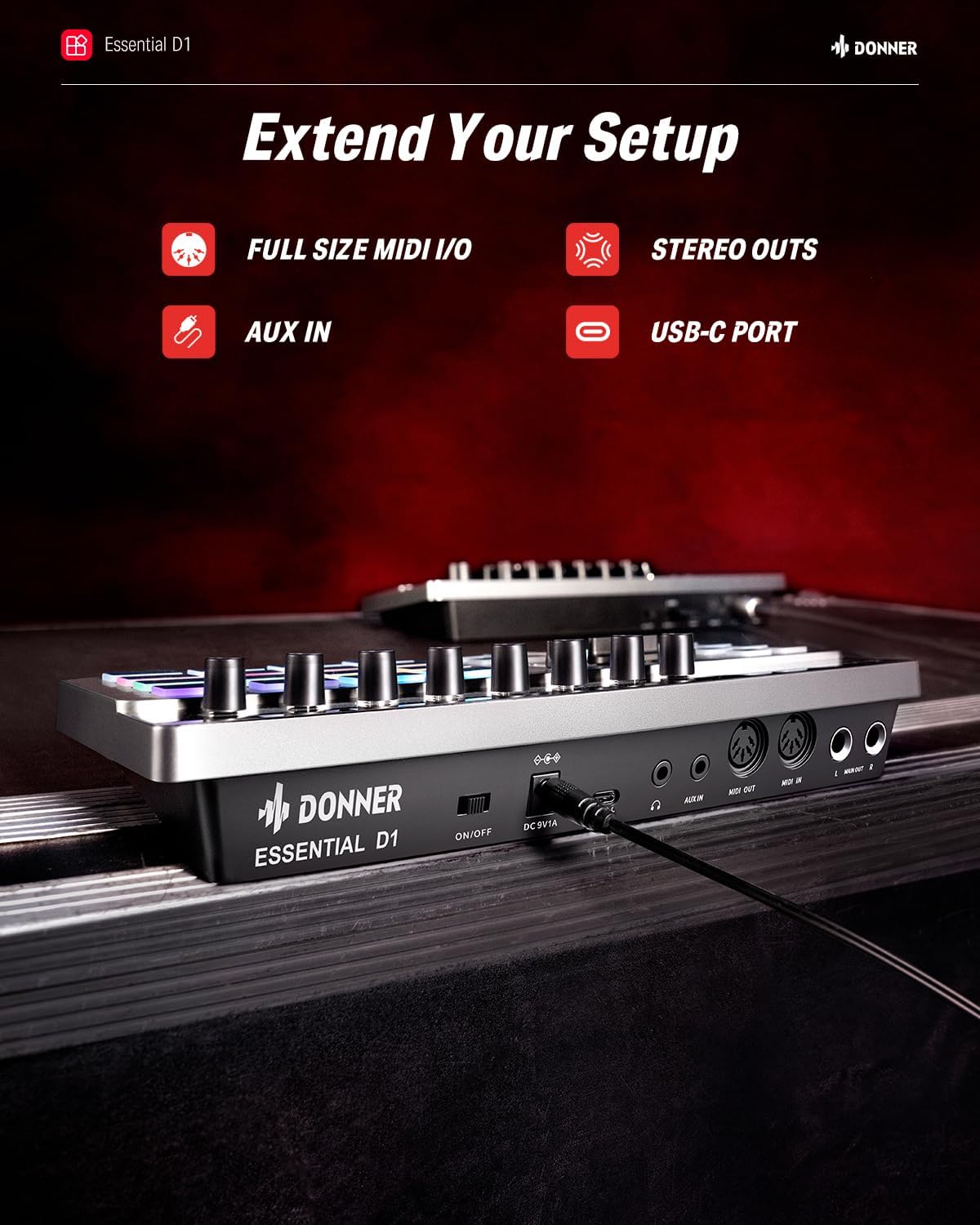 Donner Essential D1 Performance Beat Machine, Step Sequencer& Finger Drum Machine Combined, with LCD Display, 16 RGB Beat Pads, 5 Endless Encoders, 12 Tracks Sample, Reverb& Delay Effects - Image 6
