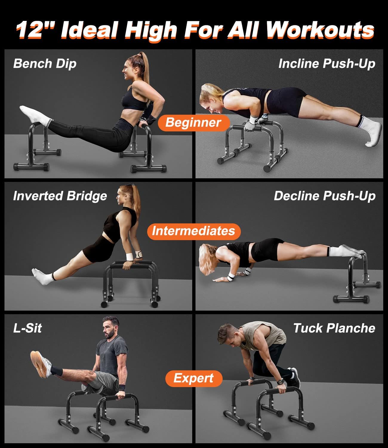 Push Up Bar, 12 Inch High Non-Slip Parallettes Bars & Dip Bars With Foam Handles, Heavy-Duty No Wobbling Calisthenics Equipment For Handstand, L-Sit, Gymnastics, Strength Training Home Gym Use - Image 4