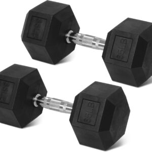 Rubber Encased Hex Weights Dumbbells Set of 5 – 50 lb Pair | Cast Iron Hand Weights with Anti-Slip Grip for Home Gym Strength Training