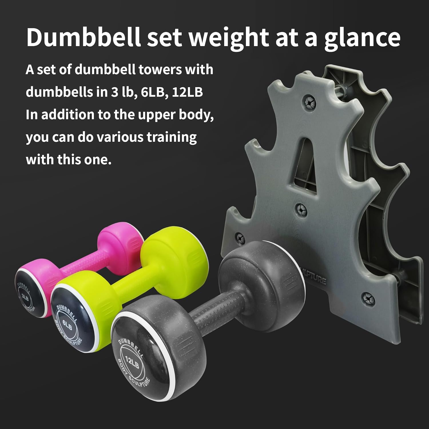 hand weights set Free‑Weight Dumbbell Set with Rack Set includes 3, 6 and 12 lb weights ideal for men and women for small and large muscle groups - Image 3