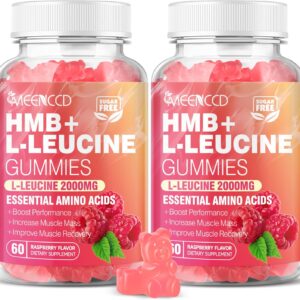 2 Pack HMB and L-Leucine Gummies, 3000mg HMB and Leucine Amino Acid for Muscle Growth, Muscle Mass, Muscle Relief, and Fast Workout Recovery, for Men & Women, Sugar-Free, Raspberry Flavor, 120 Count