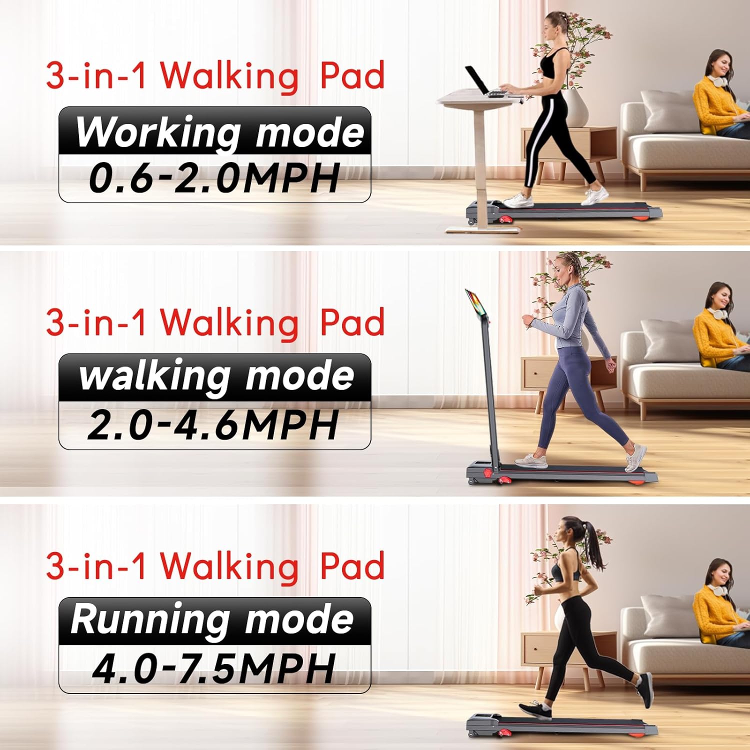 Walking Pad Treadmill with Incline and Handle Bar, 7.5MPH Under Desk Treadmill for Home Office, 360 Lbs Capacity Portable Treadmills with Remote Control, Led Display - Image 4