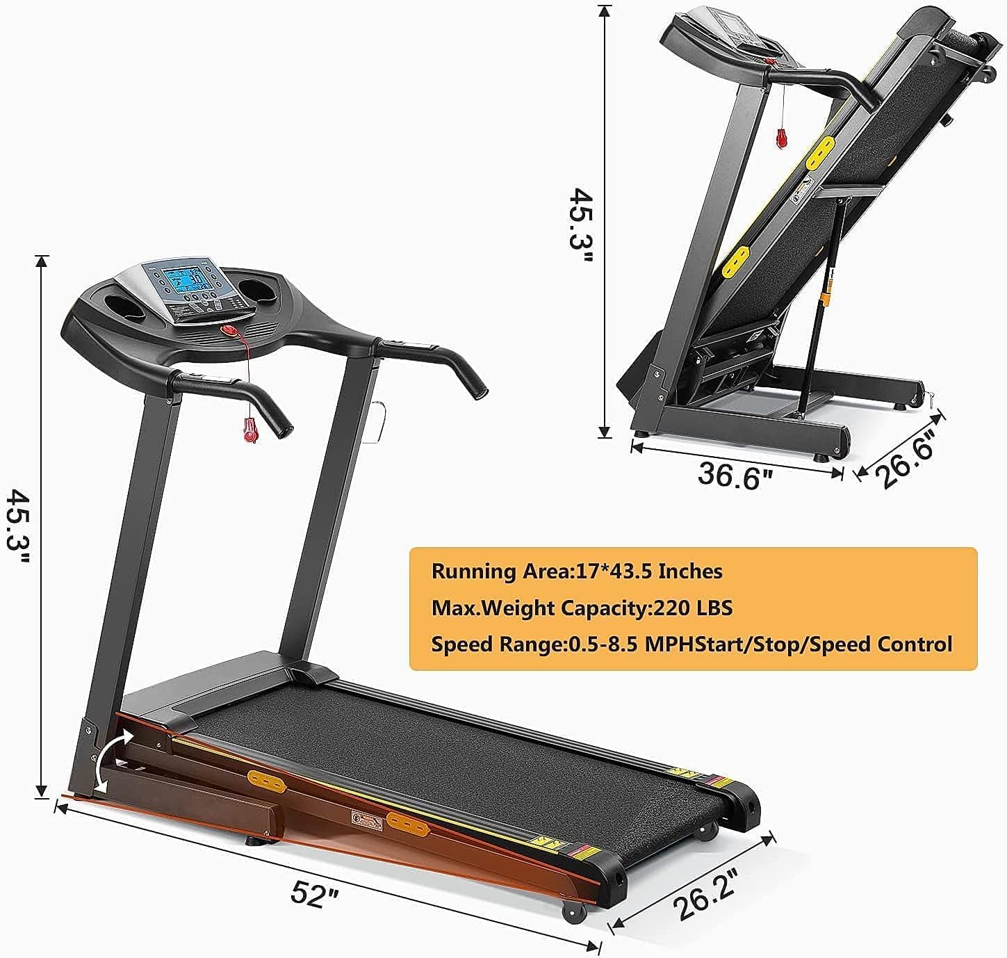Treadmill with Auto Incline Foldable Treadmill 17'' Electric Treadmills 2.5 HP/8.5 MPH with 15 Training Programs 0-12% Auto Incline Large LCD Display Easy Assembly for Home Office Gym Use - Image 7