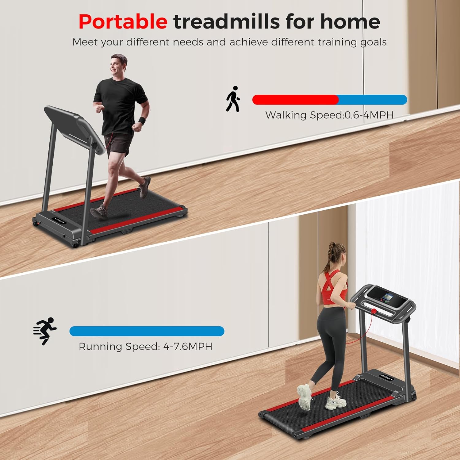 Portable Treadmill with Handle, 3.0HP Walking Pad Treadmill, Electric Compact Treadmills,Treadmills for Home Small Space with 12 Preset Programs, Walking Pad with Handle,300 LBS Capacity(Black Red) - Image 7