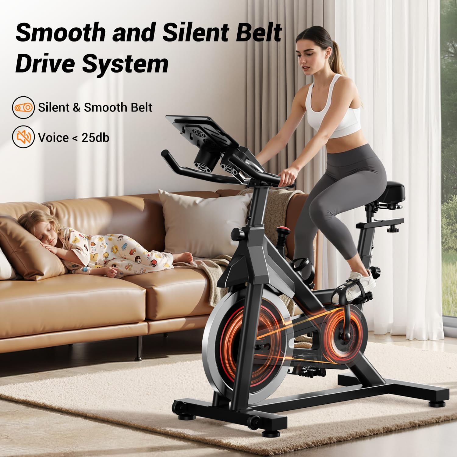 CURSOR FITNESS Exercise Bike, Stationary Bikes for Home, 300 LBS Capacity, Workout Bike with Silent Belt Drive, Indoor Cycling Bike with Extra Comfort Seat/IPad Mount/3 Bottle Holders - Image 3