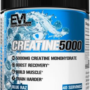 Evlution Nutrition Creatine 5000 – Supports Faster Recovery, Lean Muscle Growth & Performance – Pre & Post Workout Powder – 5000mg Pure Creatine Monohydrate Per Serving – 40 Servings – Blue Raz