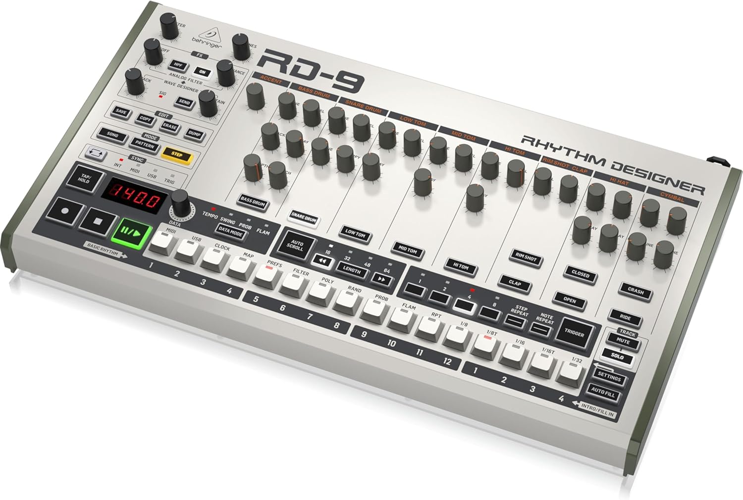 Behringer RHYTHM DESIGNER RD-9 Classic Analog/Digital Drum Machine with 11 Drum Sounds, 64-Step Sequencer, Wave Designer and Dual-Mode Filter - Image 4