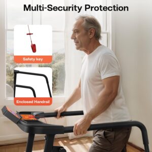 Treadmills for Seniors with Long Handrails, Foldable Treadmill for Home Use – Bluetooth App Connect & Heart Rate Monitor, Safe for Elderly & Family