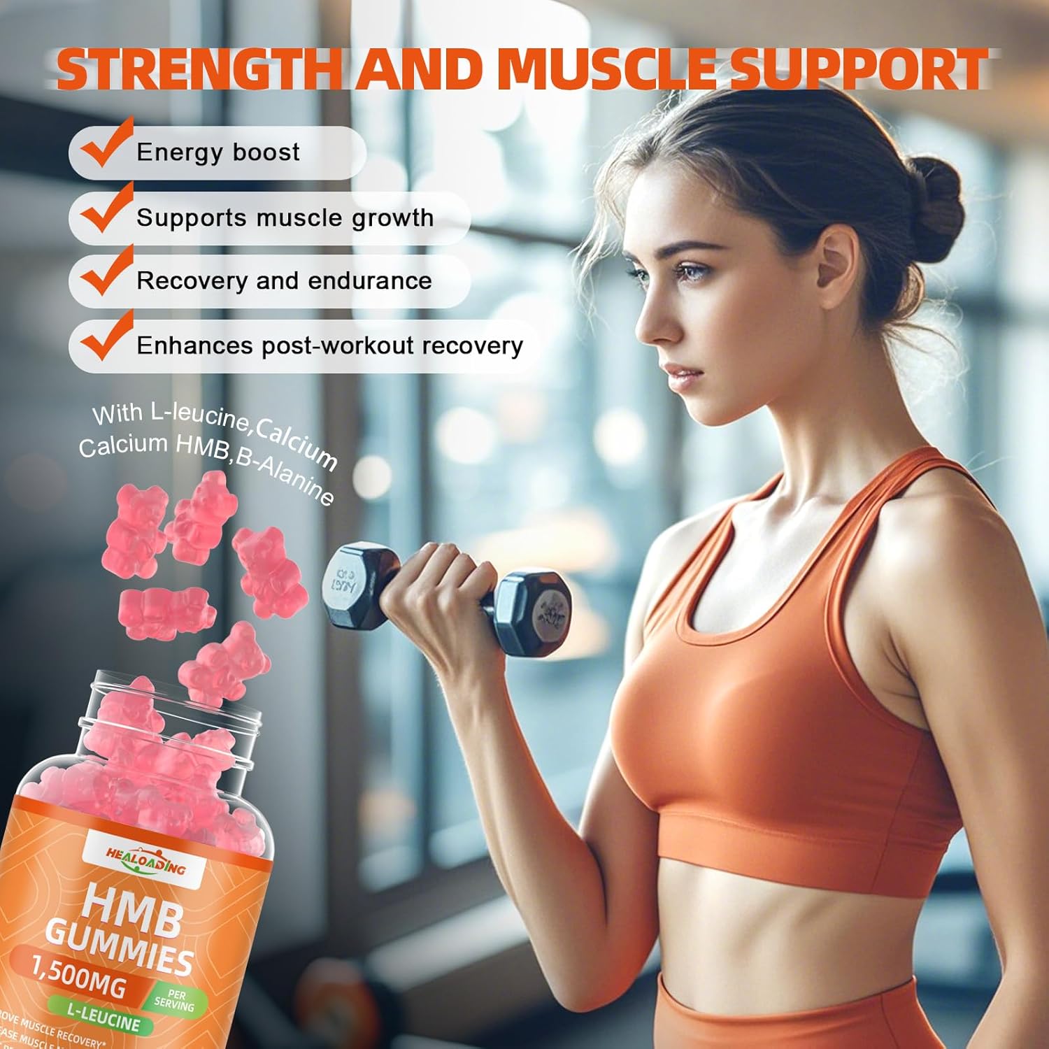 HMB and Leucine Gummies Supplement: HMB Supplements for Men 1500mg and Leucine Amino Acid for Muscle Recovery Increase Muscle Mass Improve Endurance Non-GMO Sugar Free Peach 60 Gummies - Image 4