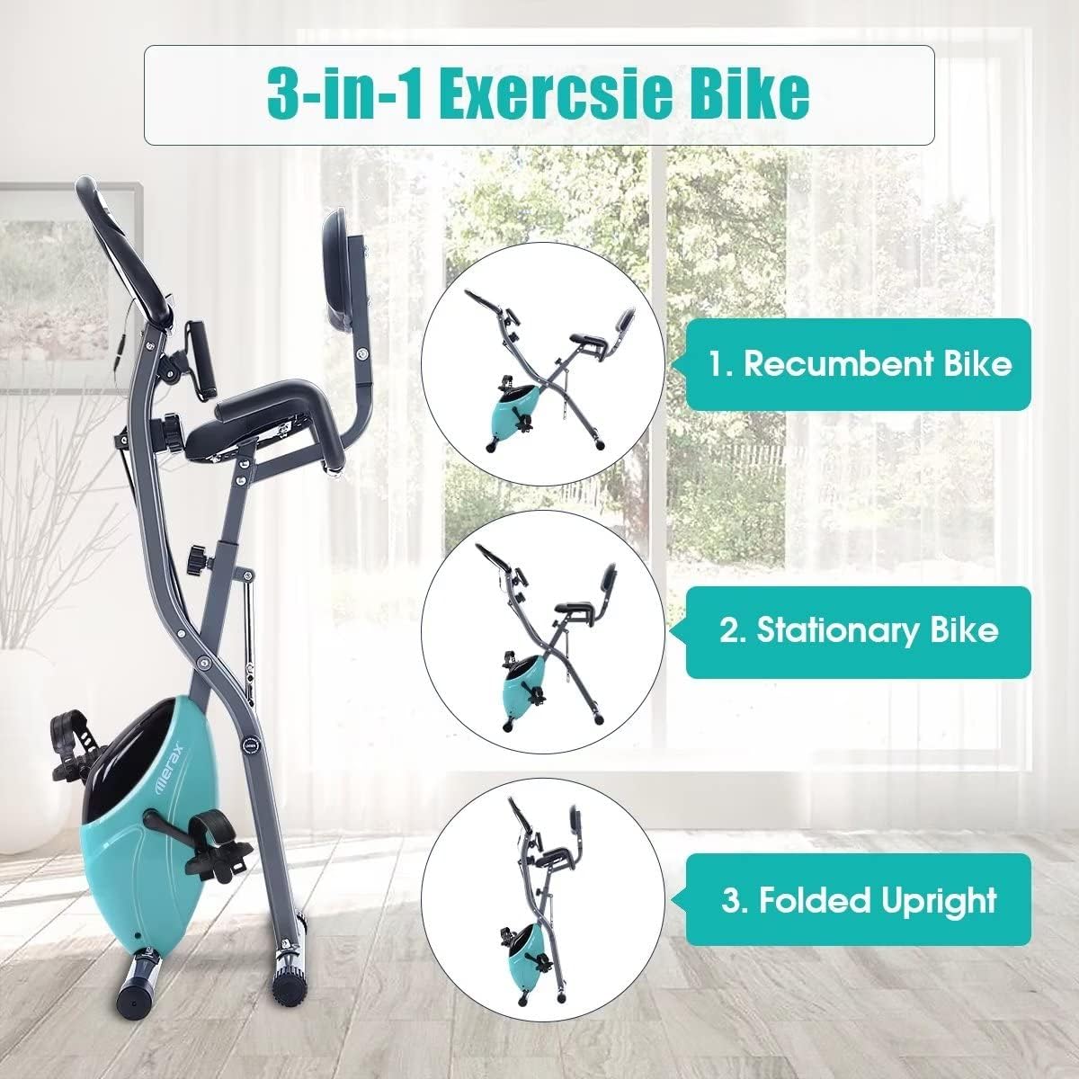 Merax Exercise Bike,Workout Bikes for Home,Folding Stationary Bikes for Home with 16-Level Magnetic Resistance, 300LBS Capacity X-Bike Indoor Exercise Equipment with Heart Rate Sensor & LCD Monitor - Image 2